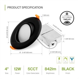 ASD 4 Inch Gimbal LED Recessed Light, 12W 850 Lm, 2700K/3000K/3500K/4000K/5000K Selectable, Directional Adjustable Lighting, Dimmable Swivel Ceiling Lights, Airtight IC Rated, UL Listed, Black, 6 Pack