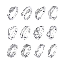 Fninijede 12pcs Toe Rings for Women, Hypoallergenic Adjustable Open Toe Ring Set, Silver Stackable Open Finger Joint Thumb Ring, Simple Toe Rings for Mom Ladies Girls