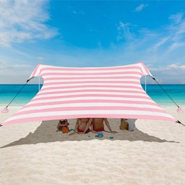 Beach Tent Canopy, UPF 50+ UV Protection Beach Sun Shade, Portable 10×10 FT Large Pop-Up Tent Sun Shelter with Sand Anchors, Ground Pegs, Easy Setup for Camping, Park, and Backyard Fun-Pink Stripe