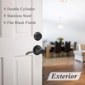 Probrico Exterior Door Lock Set Entrance Door Lever Handle, Front Door Lock Double Cylinder Deadbolt Set, Black Keyed Alike Door Lock Set 5 Pack