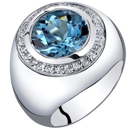 PEORA Men's Genuine London Blue Topaz Signet Ring 925 Sterling Silver, Large 5.50 Carats Round Shape 11mm, Size 11, Durable Statement Ring, Premium Men's Birthstone Ring, For Gifts & Everyday Wear