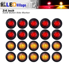 Ledvillage 30 Pcs 3/4 Inch Round 10 Amber + 10 Red + 10 White Clearance Signal Lights Sealed Bulbs for Trailer Caravan Truck Lorry Mini Side Marker Lamp 12V DC 3LED
