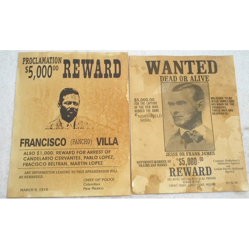 Set of 12 Reproduction Old West Wanted Reward Posters by
