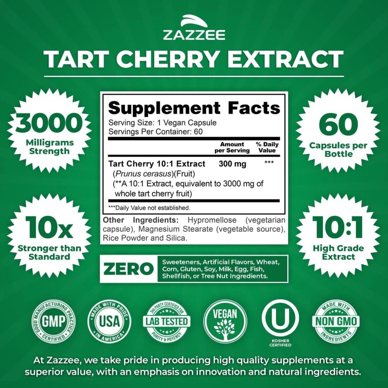 Zazzee Tart Cherry 10:1 Extract, 3000 mg Strength, 60 Vegan