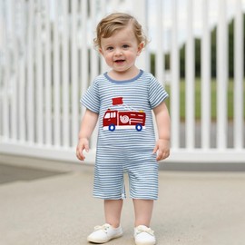 Motlapol Baby Boy Stripe Jumpsuit Golf Cart/Baseball/Football/Fire Truck/Excavator Embroidery Short Sleeve Waffle Knit Romper (Blue Fire Truck, 3-6 Months)