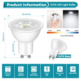 Morotty GU10 LED Spotlight Bulbs, GU10 LED Bulbs 5W,500LM,50W Equivalent,Cool White 6500K,Non Dimmable,60° Wide Beam,Pack of 10