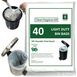 5L Bin Liners 40 Count Dustbin Waste Bags For Round, Oval, Square & Rectangular Pedal Bins 5 Liter For Toilet Bedroom Bathroom Office Hotels Garbage White Refuse Trash Rubbish Sacks 5 Litre Light Duty
