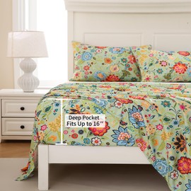 MEISHANG King Sheets Set - Floral Sheets King Ultra Soft Brushed Microfiber Floral Bed Sheets - Deep Pocket Up to 16" - Wrinkle Free - 4 Pieces (King, Sage Green Flower)