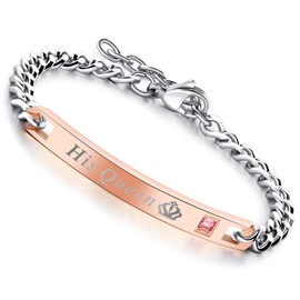 Flongo One Pair of Stainless Steel Bracelets with Zirconia Text Engraving, Love Vows, Rose Gold and Black Partner Bracelets, Love Jewellery, Gifts for Valentine's Day, Birthdays, Anniversaries, Cubic