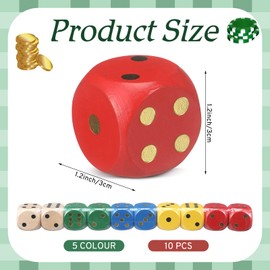 Poen 10 Pcs Wooden Dice Set 30mm D6 Large Jumbo 6 Sided Game Dice Bulk with Numbers 1-6 Round for Table Board Games Party Favors(Multicolor)