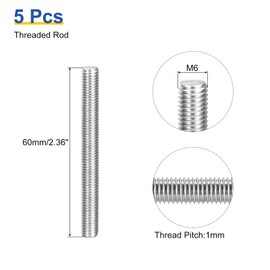 sourcing map 5Pcs M6 x 60mm Fully Threaded Rod 304 Stainless Steel Right Hand Threads Bar Studs for Anchors Bolts, Clamps, Hangers and U-Bolts, 1 Thread Pitch
