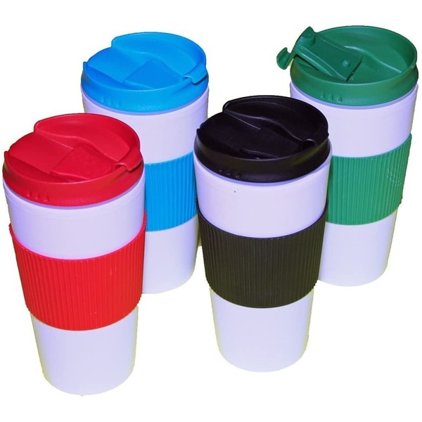 Reusable Travel Mug Hot Cold Non Slip Grip Screw Lid Flip Open Cap Prevents Leaks and Spills comes 4 in a Pack assorted colors