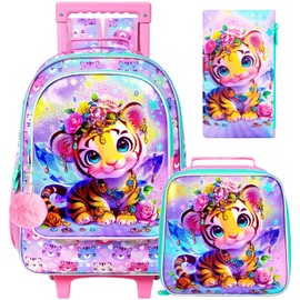 ZLYERT 3Pcs Rolling Backpack for Girls, Tiger Roller Bookbag with Lunch Box, Kids School Backpacks with Wheels for Elementary Preschool(Yellow)