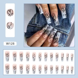 Medium Length Press on Nails, Artificial Acrylic Fake Nails for Women, 24PCS Full Cover Reusable False Nails Kits, Gradient Butterfly Nails Design, Glue on Nails Fake Nails