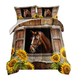 HOSIMA Farm Horse Comforter Set with 2 Pillowcases,Brown Wood Grain Print Queen Comforter Set for Adults Teens Boys Girls Sunflower Animal Bedding Country Farmhouse Room Decor Aesthetic.