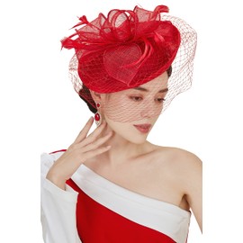 BABEYOND Women's Pillbox Fascinator Hat Kentucky Hat Feather Derby Fascinator Tea Party Fascinator Hat with Veil for Cocktail Red
