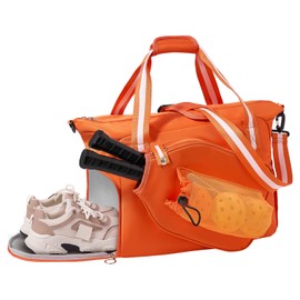 35L Pickleball Tote Bag with Shoe Compartment, Foldable Travel Duffel Bag for Women Mens, Pickleball Paddles Holder, 3 in 1 Versatile Travelling Sport Gym Hospital Holdall, Orange