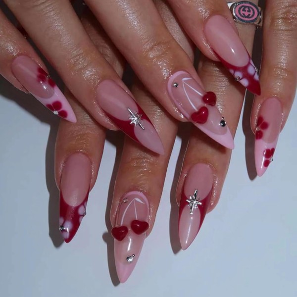 BABALAL Press On Fake Nails Cherry Design Acrylic Nails Long,