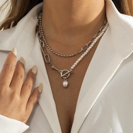 Layered Gold Necklace for Women Non Tarnish Pearl Pendant Paperclip Stack Necklace for Women Gold Jewelry Set (Silver)