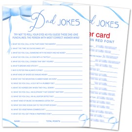 ZSHFMY Dad Jokes Baby Shower Game Cards, Blue Bow Baby Shower Games for Boys Gender Reveal Games Party Supplies, 30 Double-Sided Game Cards with 1 Answer Card -b06
