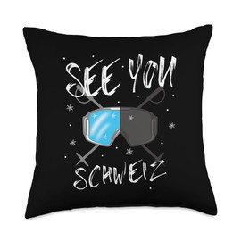Schweiz Switzerland skiing snowboarding Ski Travel See You Schweiz Switzerland Hiking Vacation Ski Goggles Throw Pillow, 18x18, Multicolor