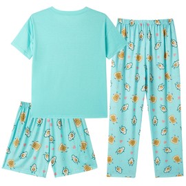 Hupohoi Kids Girls Pajama Sets Summer Short Sleeve With Shorts And Pants 3PCS Sleepwear Cute Cartoon Loungewear 6 to 17 Years, Avocado, 8