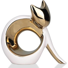 UANYEMON Abstract Sitting Modern Cat Sculpture for Home Decor, 5.9'' White and Gold Ceramic Minimalist Cat Figurine, Decorative Animal Statue for Table Shelf Desk Mantle Entryway, for Cats Lovers