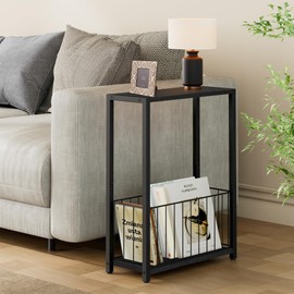 Homleke Narrow Side Tables Set of 2 with Magazine Holder, Skinny End Tables Perfect for Small Spaces, Space-Saving Design for Living Room, Bedroom, or Office, 7.1" D x 16.9" W x 23.6" H, Black