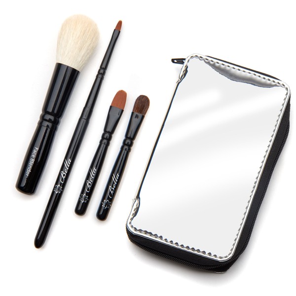 Bella Mini Travel Makeup Brush Set with Mirror Travel Case | Handmade in USA | Includes Face Blender, Cream Shadow, Eye Shadow, and Fine Eye Liner Cosmetic Brushes | Compact Make Up Kit for Women