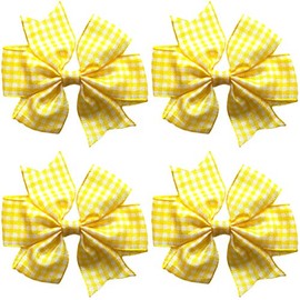 School Gingham Cross Hatch Hair Bows Clips Slides Grips 3" inch Solid Vibrant Colours Hairbows 4 Pack (Yellow)