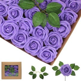 WANTMAZOR Artificial Flowers 50PCS Purple Roses Real Looking Foam Fake Roses with Leaves and for DIY Wedding Bouquets Bridal Shower Centerpieces Party Decorations (Purple)