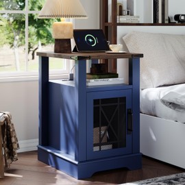 Night Stand with Charging Station Farmhouse End Table for Living Room, Blue Nightstand for Bedroom Furniture, Storage Cabinet with Open Shelf, Wood Bed Side Tables for Living Room Couch or Sofa