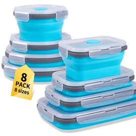 Annaklin 8 Pack Collapsible Food Storage Containers with Lids, Silicone Collapsible Food Containers, Collapsible Storage Containers Sets for Snack Camping RV, Microwave Freezer Dishwasher Safe, Blue