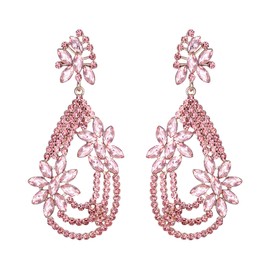 BriLove Women's Layer Crystal Rhinestone Drop Earrings Marquise Flower Chandelier Dangle for Wedding Party Prom Pink Gold-Tone
