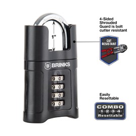 Brinks 2-1/4in (57mm) 4-Digit Resettable Combination Padlock with Shrouded Guard Lock, Black