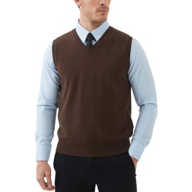 Kallspin Men's Pure Cotton Sweater Vest V Neck Regular Fit Knit Sleeveless Pullover Sweater(Brown, XL)