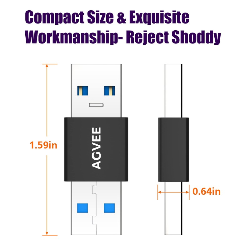 AGVEE USB-A Male to USB-A Male Adapter, Bidirectional USB-A 3.0