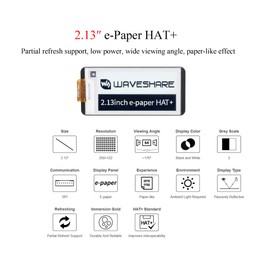 2.13inch E-Paper HAT+ for Raspberry Pi 5/ 4B/3B+/3B/2B/A+/Zero W/WH/Zero 2 W/Jetson Nano, E-Ink Display HAT+ Standard 250x122 Pixel SPI Interface with Pwnagotchi Tutorial Support Partial Refresh