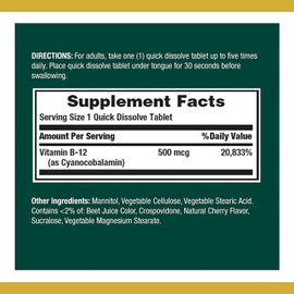 Nature's Bounty Vitamin B12, Supports Energy Metabolism and Nervous System Health, 500mcg, Tablets, 100 Ct (Pack of 2)