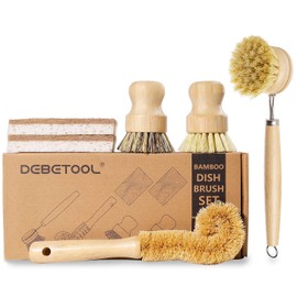 DEBETOOL 6 Piece Bamboo Dish Brush Set with Coconut Sponge - Wooden Dish Brush with Sisal and Palm Fiber, Natural Bamboo Dish Scrub Brush for Kitchen Cleaning Dishes, Pots, Pans, Bottles, Vegetables