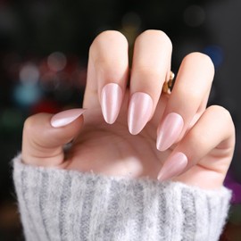 Almond False Nails - 24pcs Pink Pearl Press on Nails - 12 sizes Glossy fake nails with glue - Light Pink Chrome French Tip False Nails - Aurora Full Cover Acrylic Nails for Women Girls Daily Wear