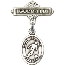 Sterling Silver Baby Badge with St. Sebastian/Soccer Charm and Godchild Badge Pin 1 X 5/8 inches