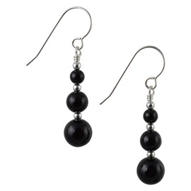 Graduated Round Black Onyx Gemstone & Sterling Silver Hook Drop Earrings with Gift Box