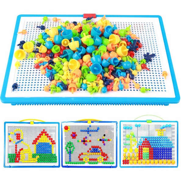 Moonlove 296 pcs Jigsaw Puzzle Mix Colour Mushroom Nails Pegboard Educational Building Blocks Bricks Creative DIY Mosaic Toys Birthday for Kids