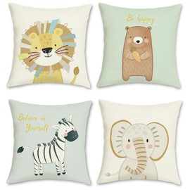 Bonhause Cartoon Animals Cushion Covers 45 x 45 cm Lion Bear Zebra Elephant Polyester Linen Decorative Throw Pillow Covers for Sofa Couch Bed Home Patio Outdoor Decor Set of 4