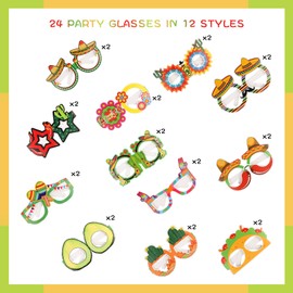 Konsait 24 Pcs Fiesta Party Decorations Glasses for Kids,Cinco de Mayo Party Decor Paper Eyeglasses Taco Cactus Pinata Mexican Party Photo Booth Props for Boy Girls Fiesta Themed Party Favors Supplies