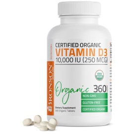 Bronson Vitamin D3 10,000 IU (250 mcg) Certified Organic High Potency Non-GMO Vitamin D Supplement, 360 Tablets