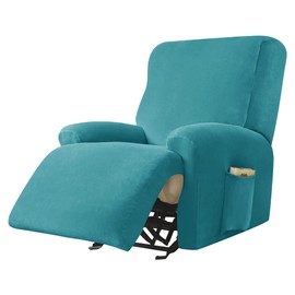CONRUSER Recliner Chair Covers, 4-Piece Velvet Stretch Recliner Slipcover Single Seat Couch Cover Soft Furniture Protector with Pocket (Turquoise)