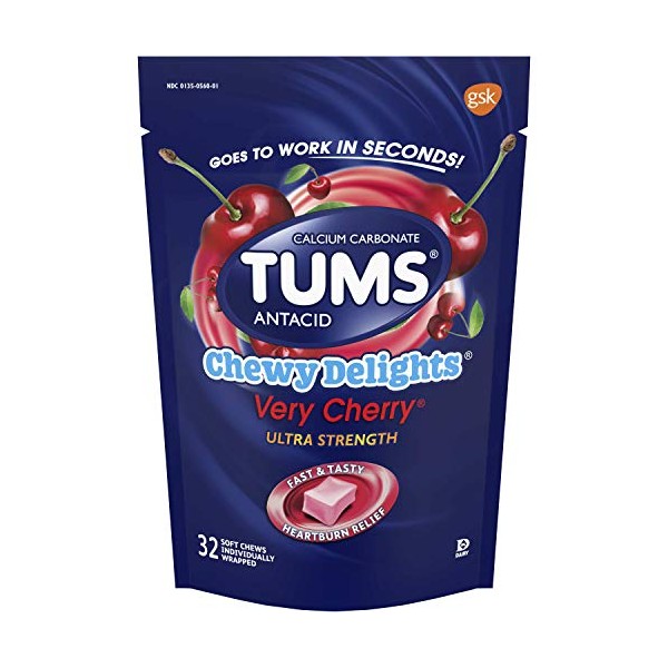 TUMS Chewy Delights Ultra Strength Antacid Soft Chews for Chewable Heartburn Relief and Acid Indigestion Relief, Very Cherry - 32 Count