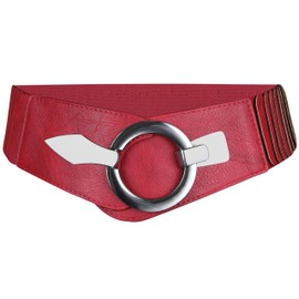Elastic Women's Waist Belt, Approx. 6 cm-Wide Waist Belt with Silver Ring Buckle - red